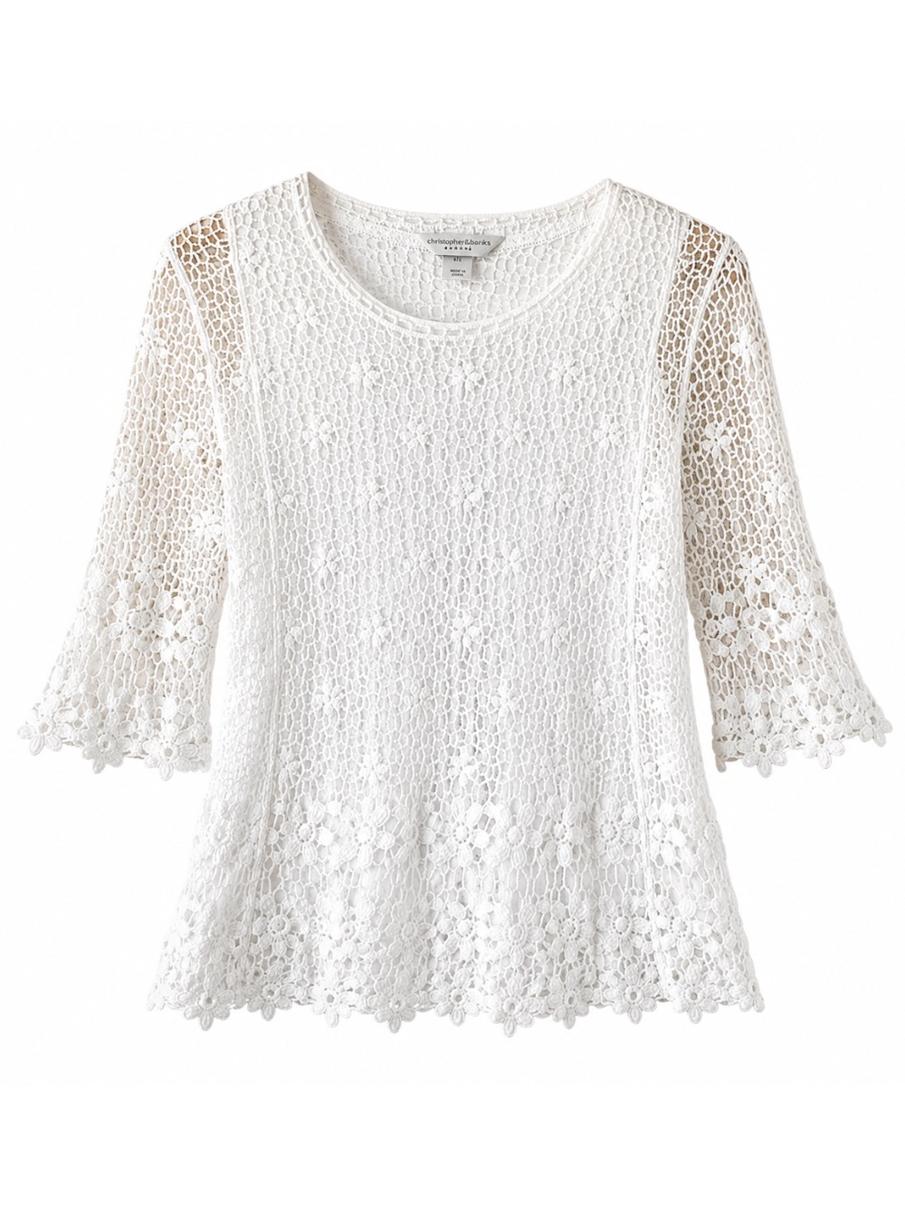 Christopher & Banks Petite White Floral Crochet Lace 3/4 Sleeve Blouse P/S
